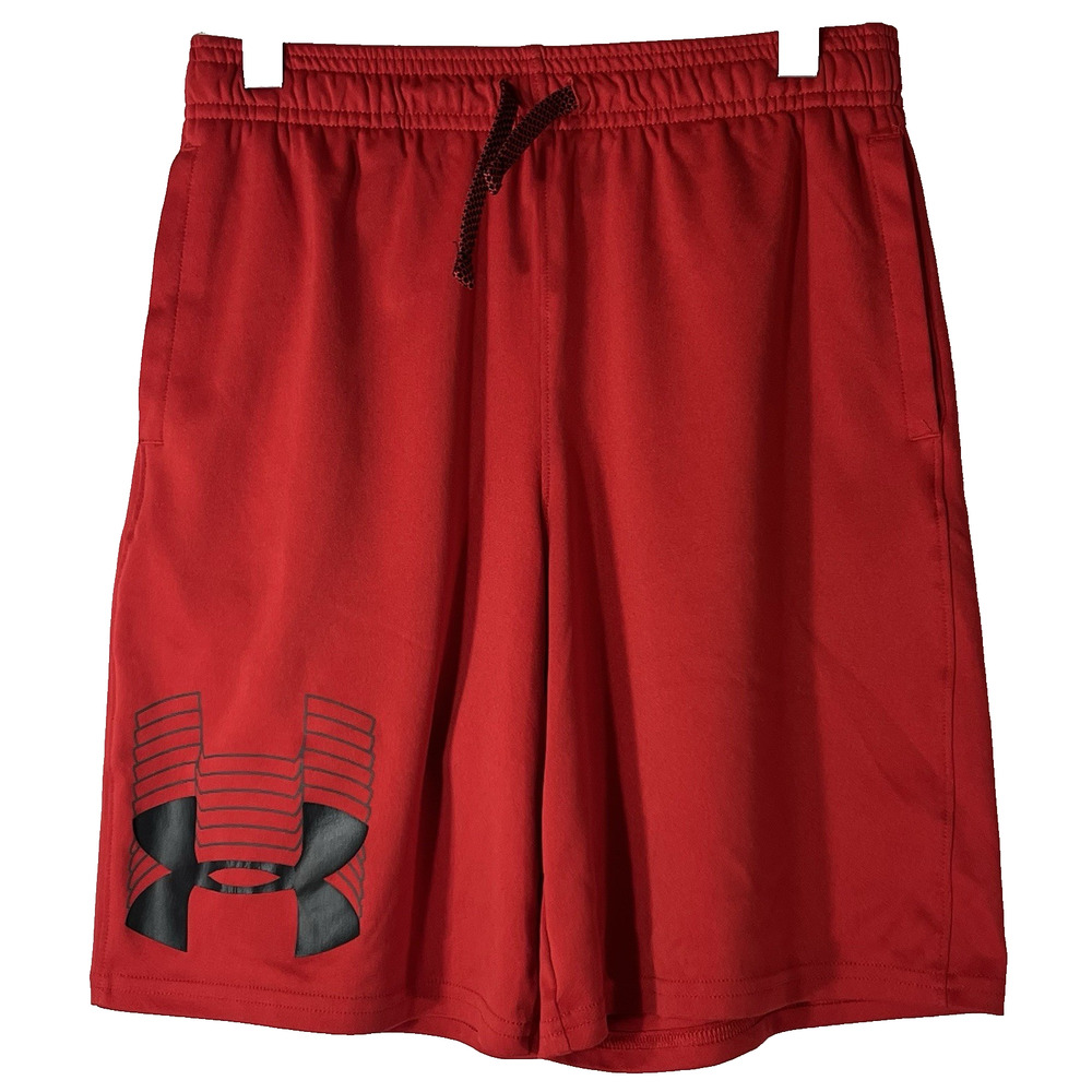 Under Armour Youth Boys Black Logo Red Athletic Drawstring Shorts Size M